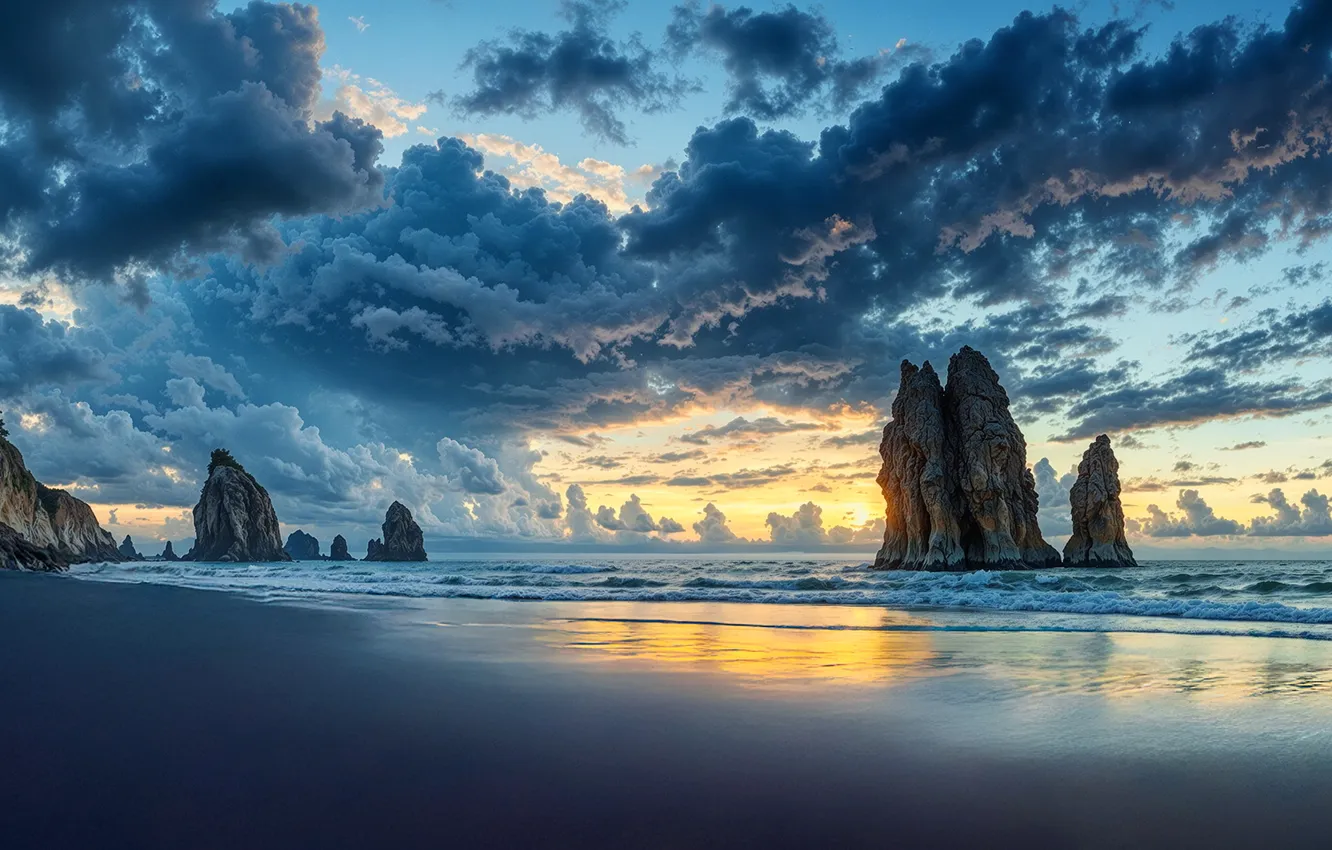 Фото обои море, закат, берег