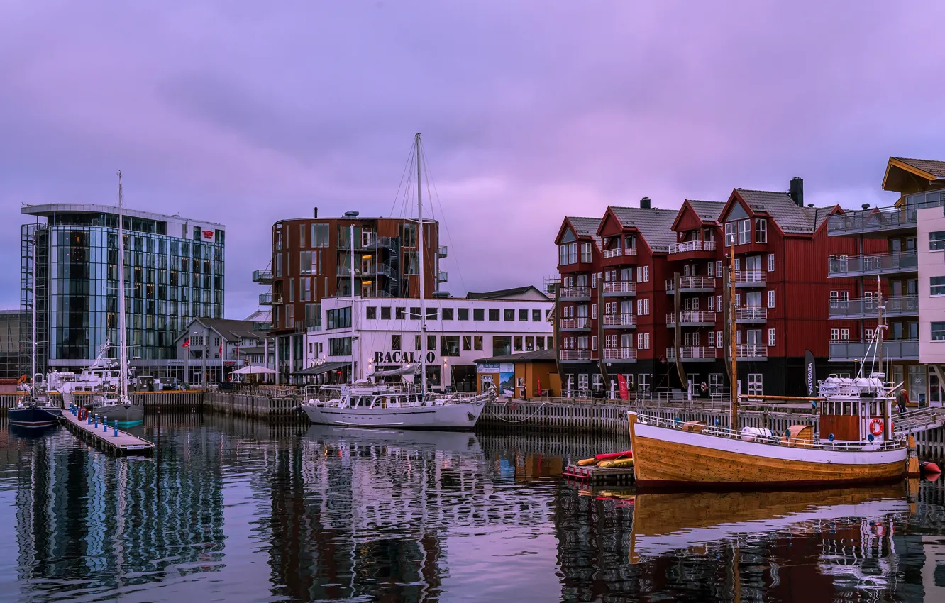 Фото обои дома, бухта, яхты, вечер, Норвегия, залив, причалы, Лофотенские острова