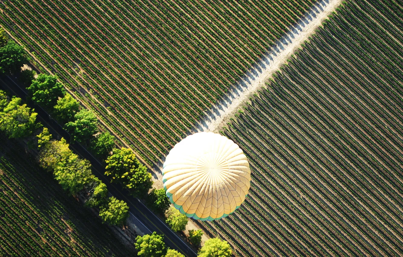 Фото обои дорога, поле, полет, воздушный шар, вид сверху, baloon, air baloon