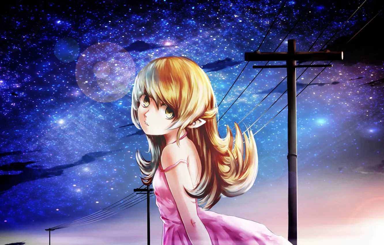Фото обои взгляд, девушка, звезды, ночь, улица, art, bakemonogatari, oshino shinobu