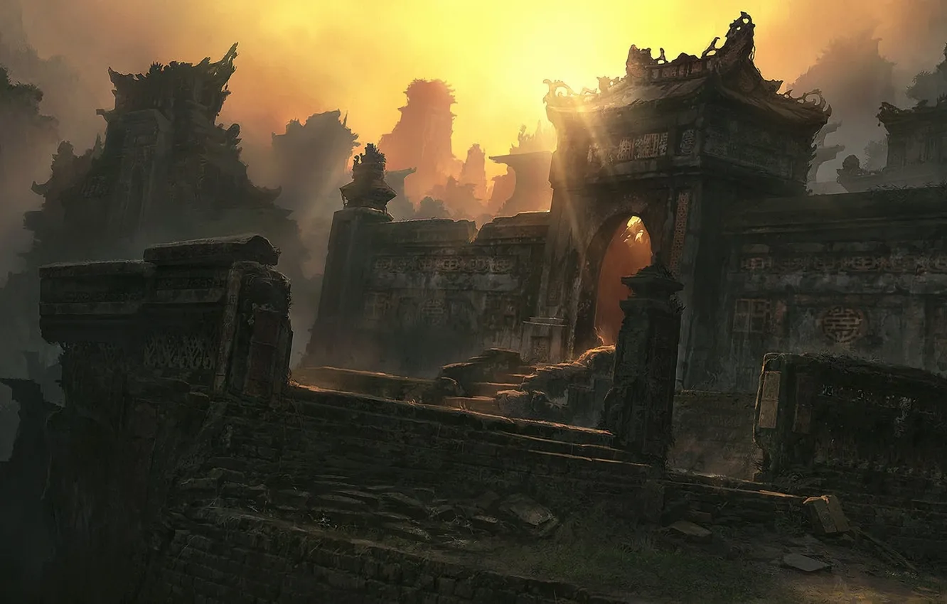 Фото обои закат, город, камни, замок, арт, арка, храм, ступеньки