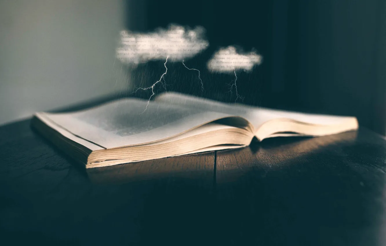Фото обои дождь, молния, арт, книга