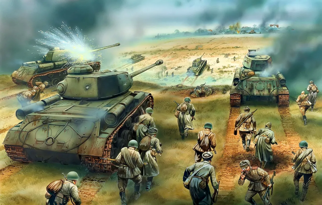 Фото обои солдаты, танки, наступление, Т-34-85, Красная Армия