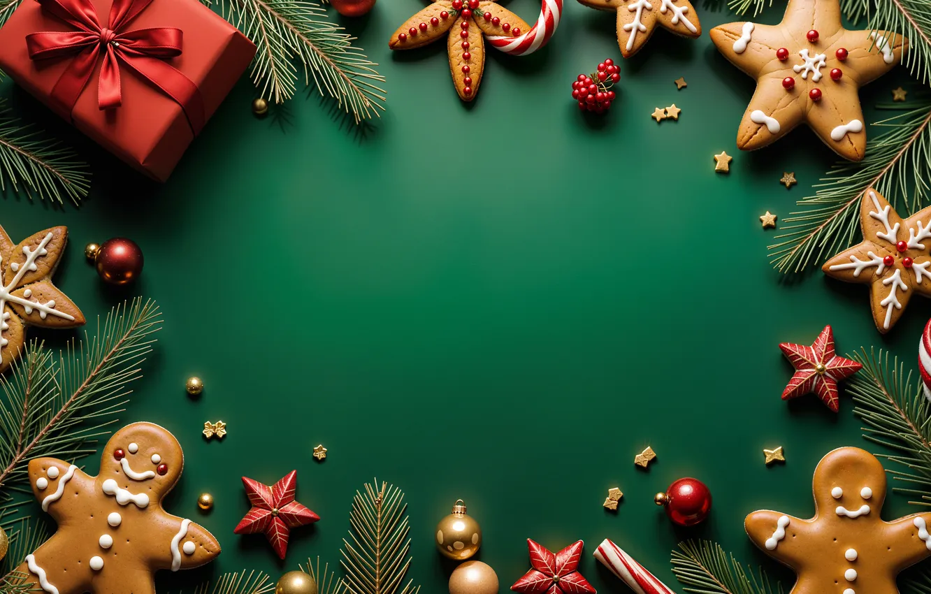 Фото обои украшения, фон, green, шары, Рождество, Новый год, golden, new year