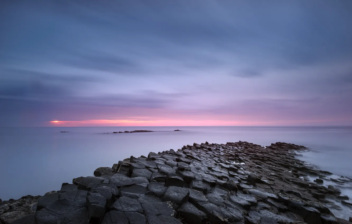 Фото обои море, небо, облака, закат, розовый, берег, вечер, Великобритания