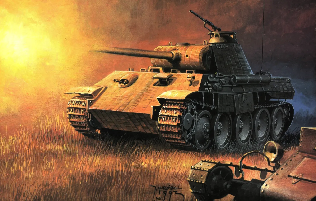 Фото обои рисунок, вспышка, выстрел, арт, Пантера, танк, Вторая мировая война, немецкий