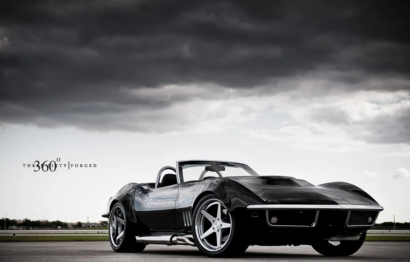 Фото обои небо, тучи, чёрный, Corvette, Chevrolet, шевроле, black, корвет