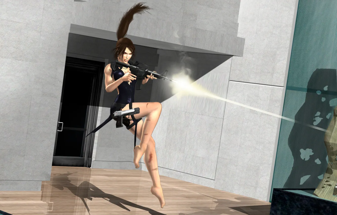 Фото обои девушка, пистолет, оружие, волосы, дверь, автомат, хвост, Tomb Raider