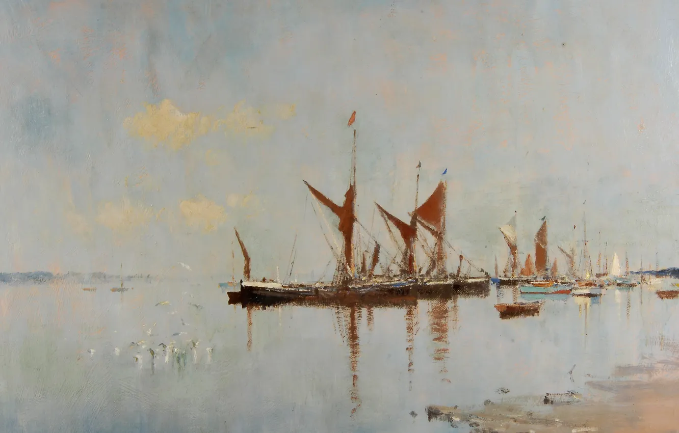 Фото обои картина, морской пейзаж, Эдуард Сиго, Баржи на Якоре. Пин Милл