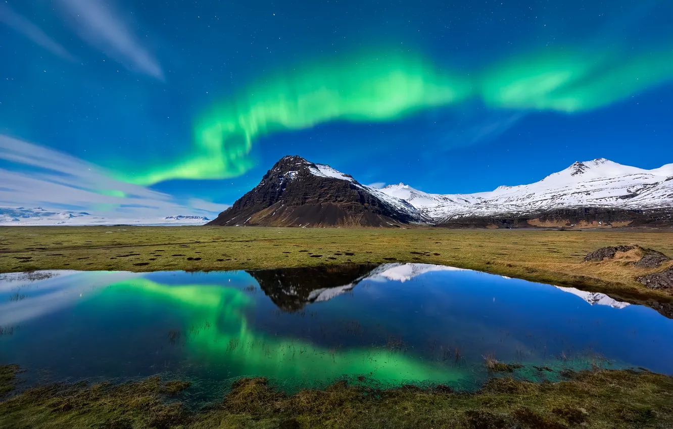 Фото обои северное сияние, Исландия, Iceland, Auster-Skaftafellssysla, Kalfafellsstadhur