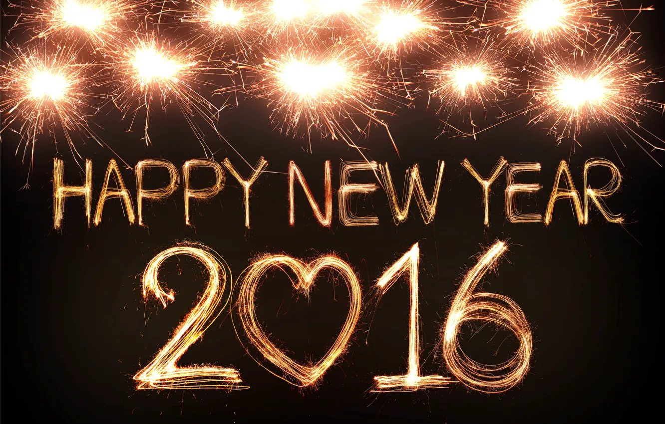 Фото обои огни, салют, Новый Год, golden, New Year, fireworks, Happy, 2016