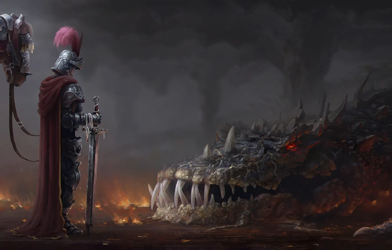 Фото обои туман, дракон, лошадь, меч, пасть, клыки, рыцарь, плащ