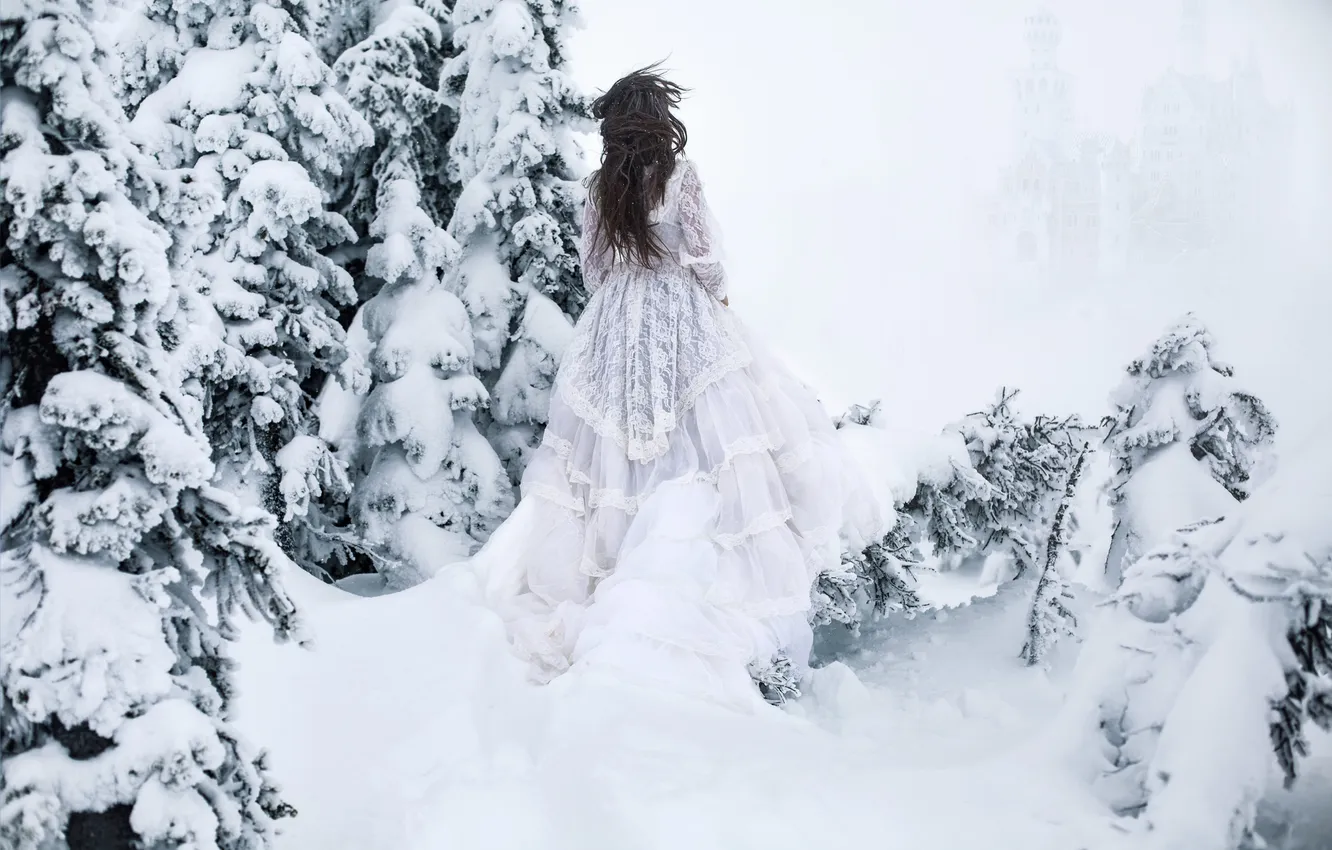 Фото обои зима, девушка, снег, платье
