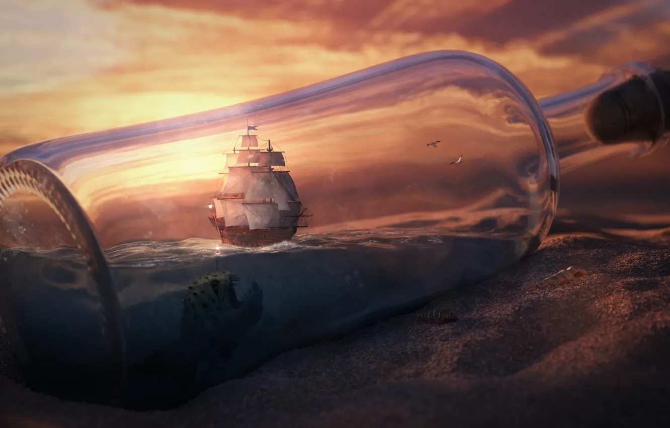 Фото обои песок, небо, облака, закат, пустыня, корабль, бутылка, рыба