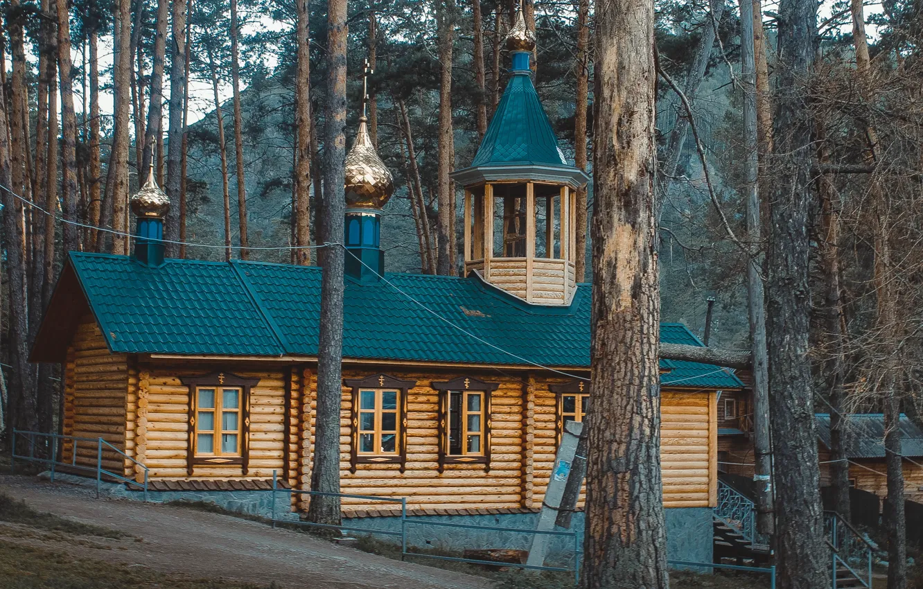 Фото обои лес, дом, Церковь, вера, постройка