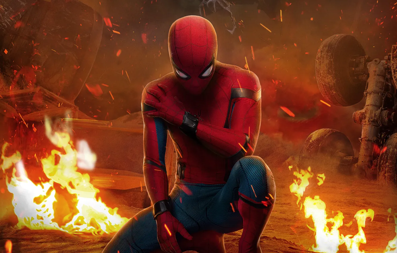 Фото обои фантастика, огонь, кадр, искры, костюм, комикс, Spider-Man, Peter Parker
