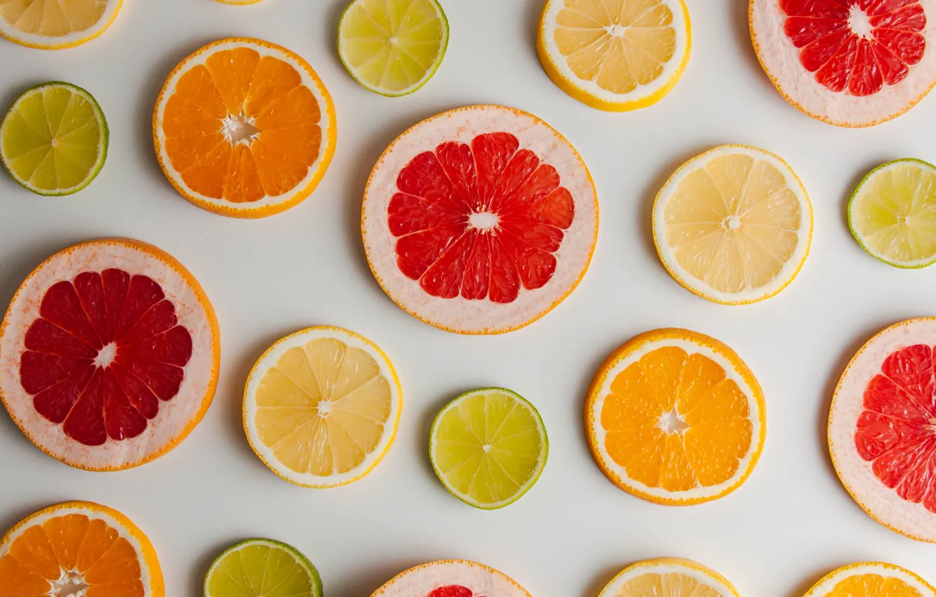 Фото обои лимон, апельсин, лайм, фрукты, цитрусы, грейпфрут, дольки