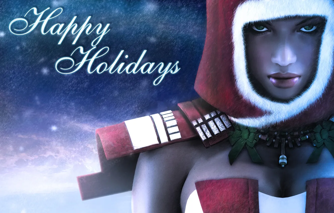 Фото обои взгляд, девушка, снег, костюм, капюшон, поздравление, Guild Wars