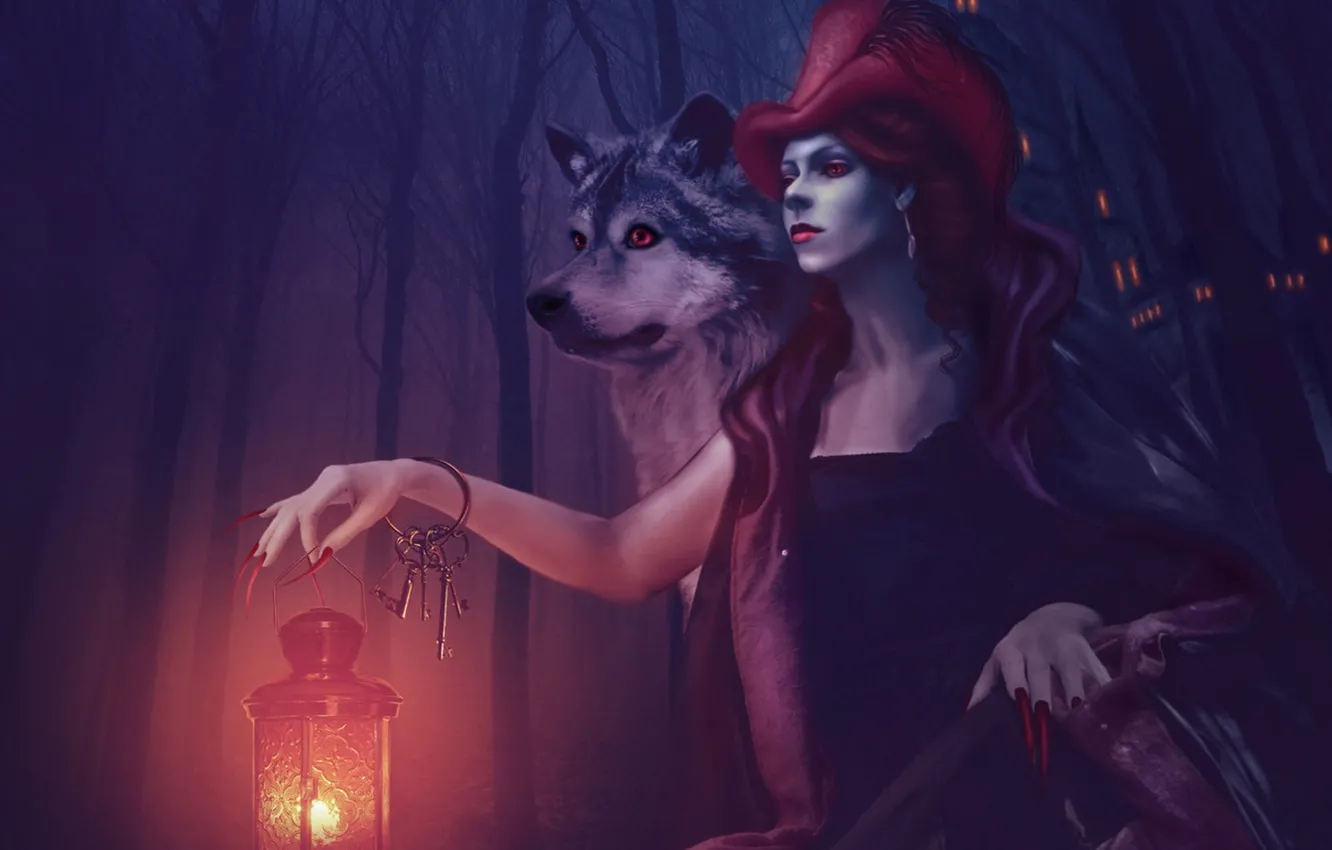 Фото обои волк, красная шапочка, фонарь, ключи