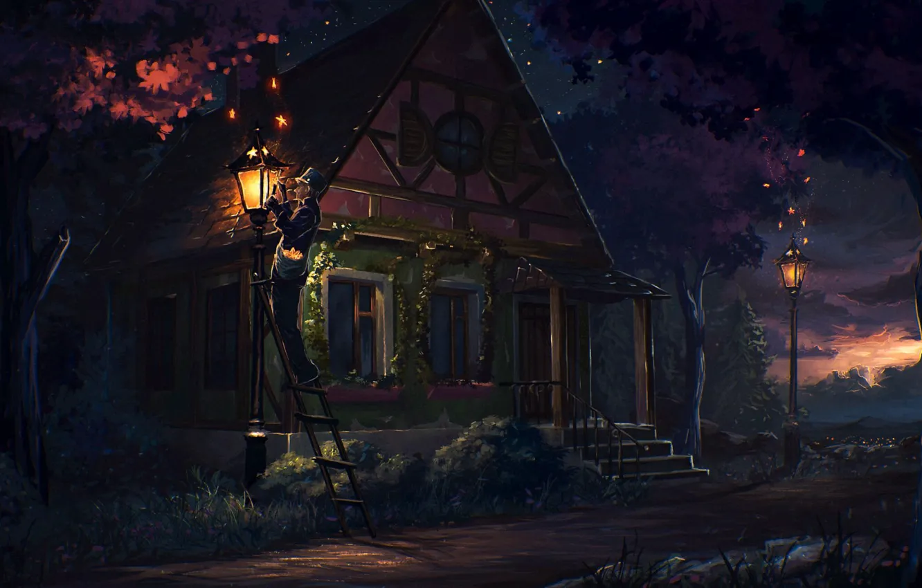 Фото обои дом, светлячки, улица, человек, Ночь, фонари, лестница, крыльцо