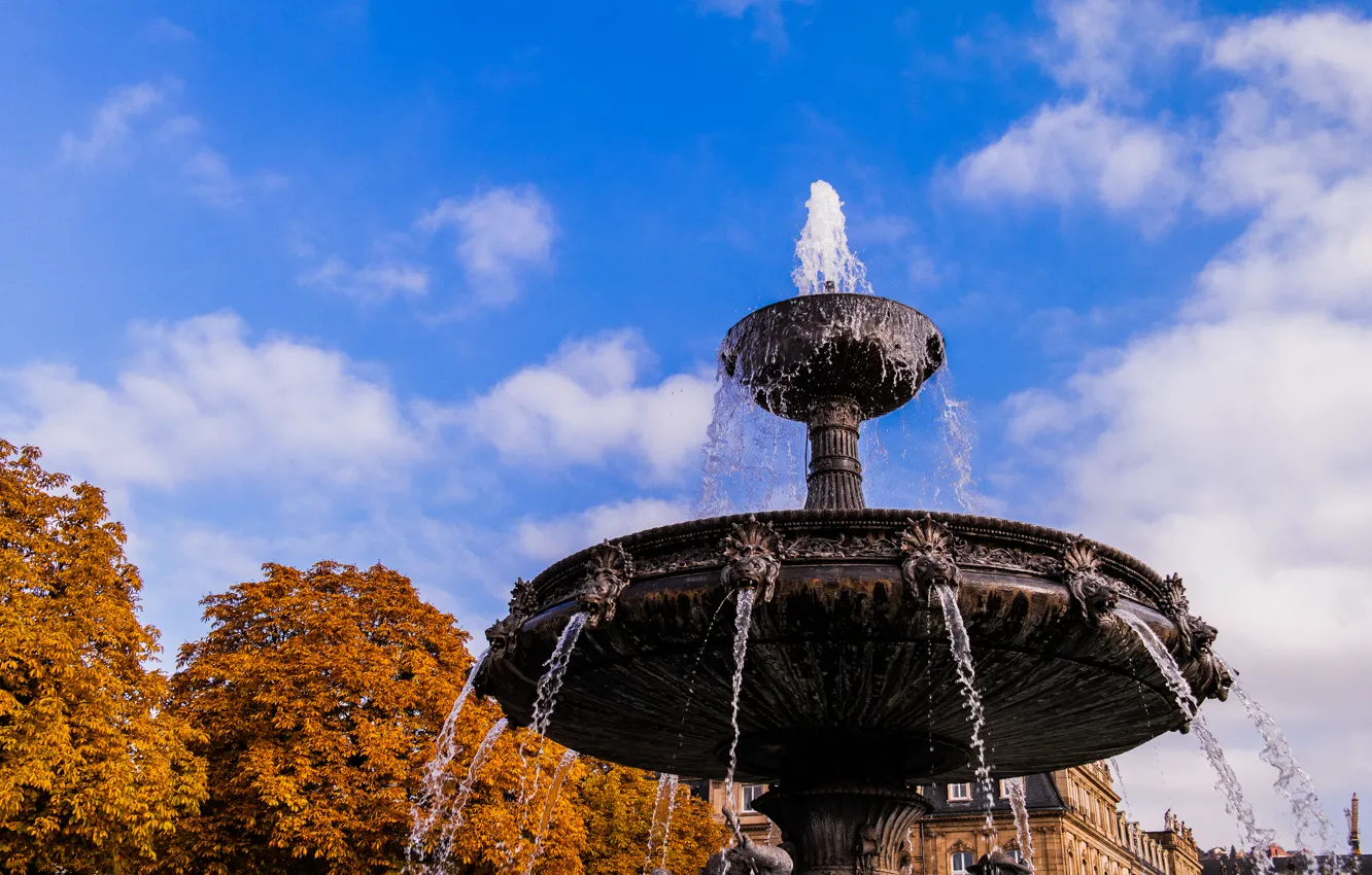 Фото обои Water, Autumn, Castle, Stuttgart, Trees, Fountain, Schlossplatz