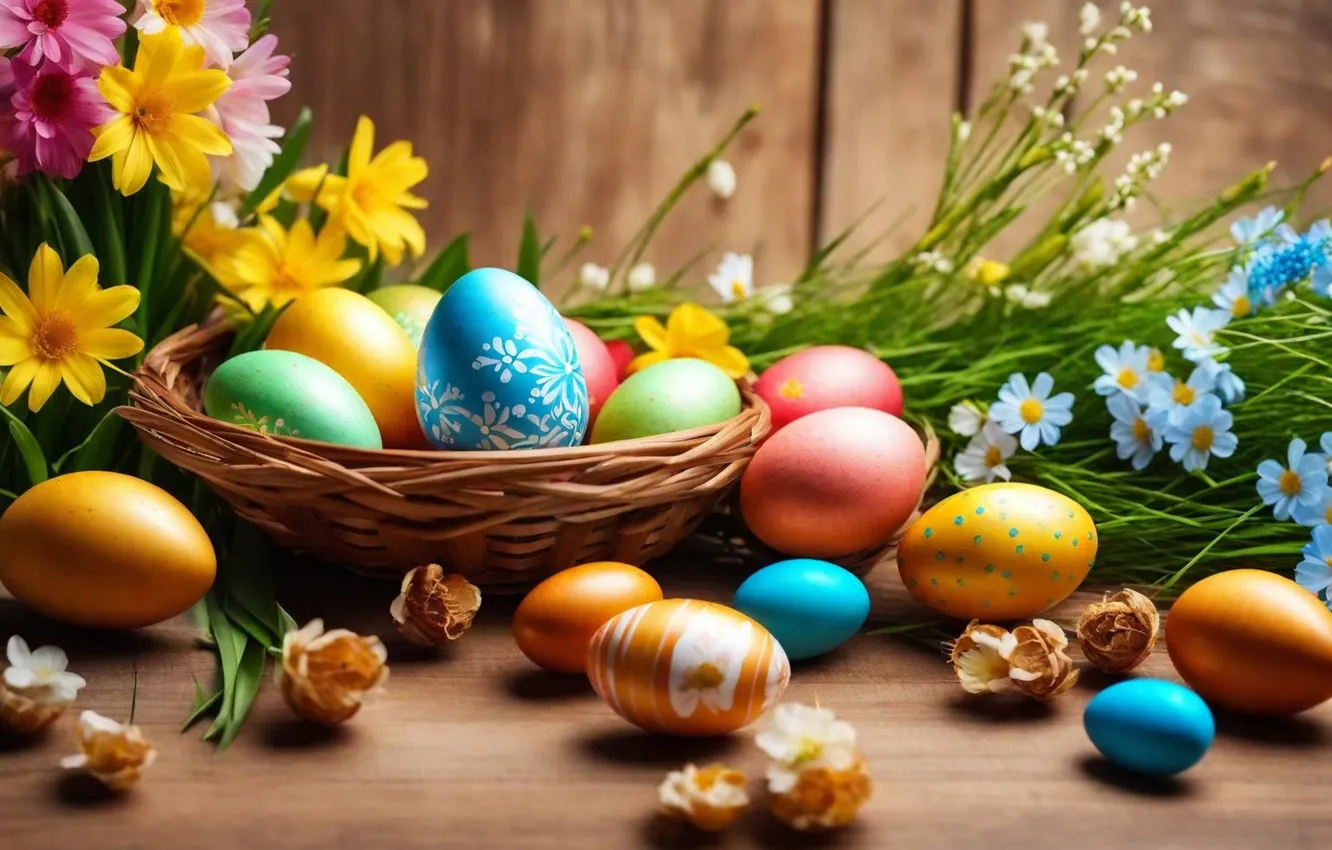 Фото обои цветы, яйца, весна, colorful, Пасха, happy, flowers, spring