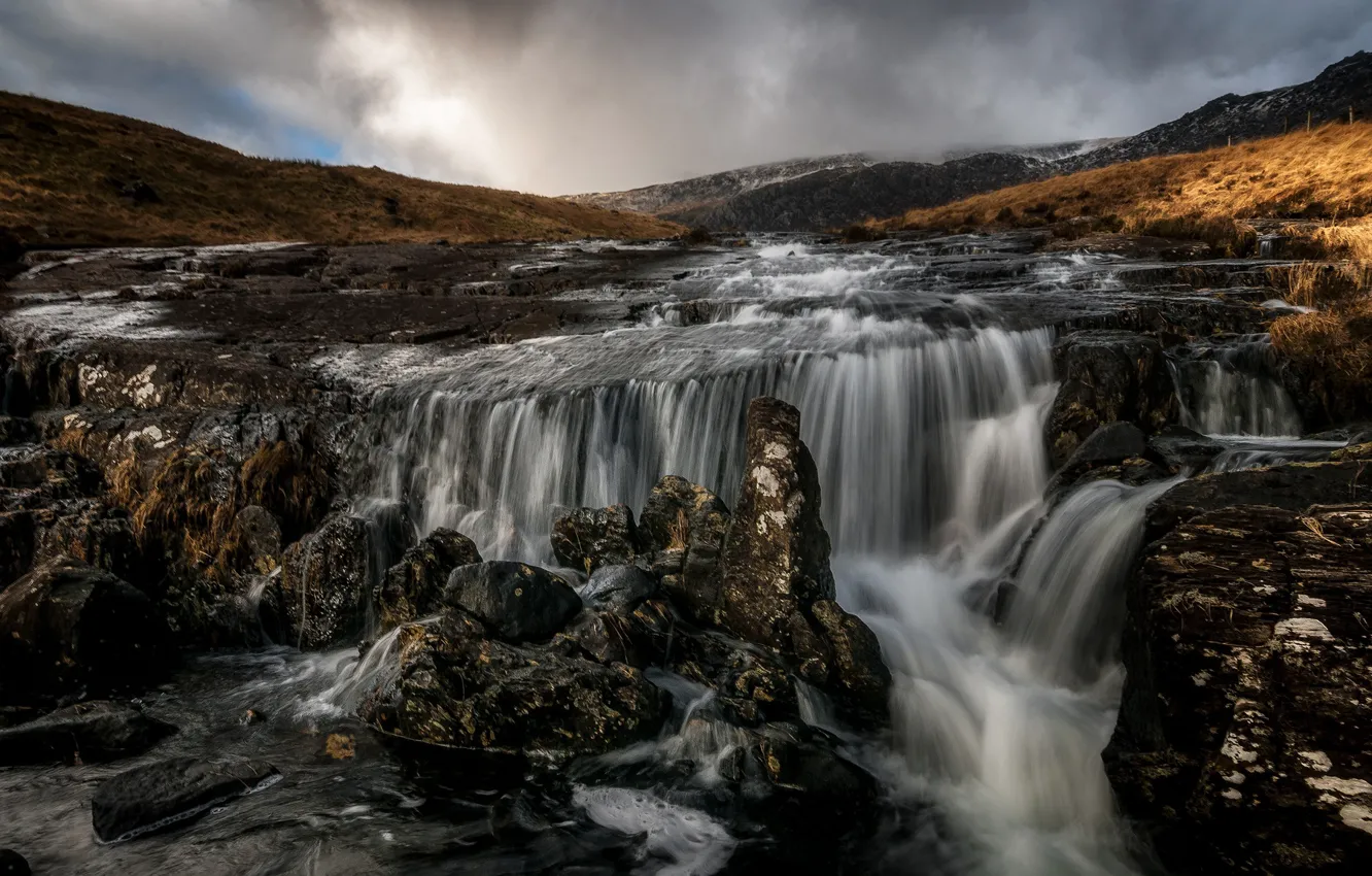 Фото обои река, камни, водопад, поток, пороги, Уэльс