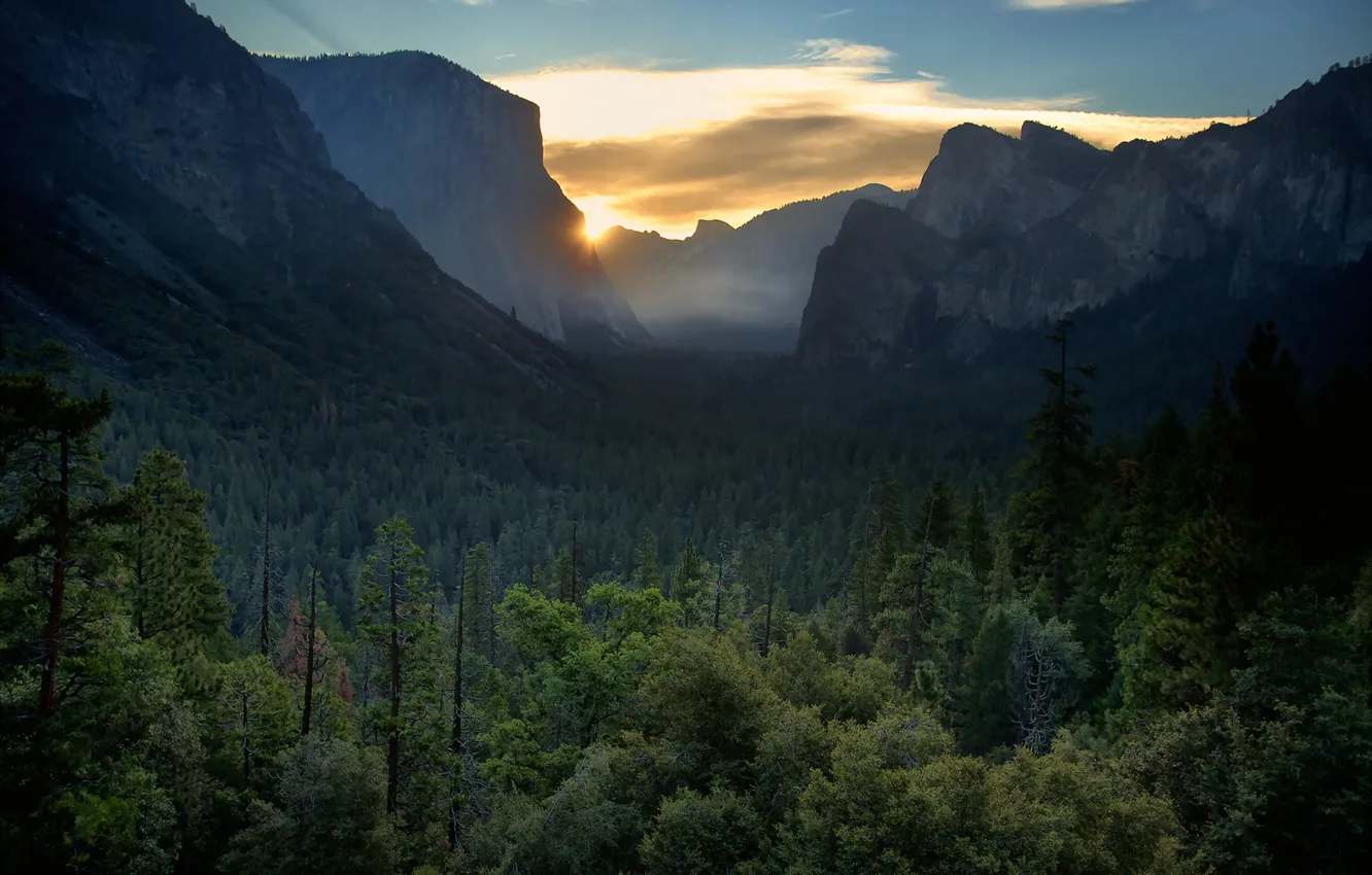 Фото обои Yosemite Valley, Sunrise, El Capitan, Haff Dome