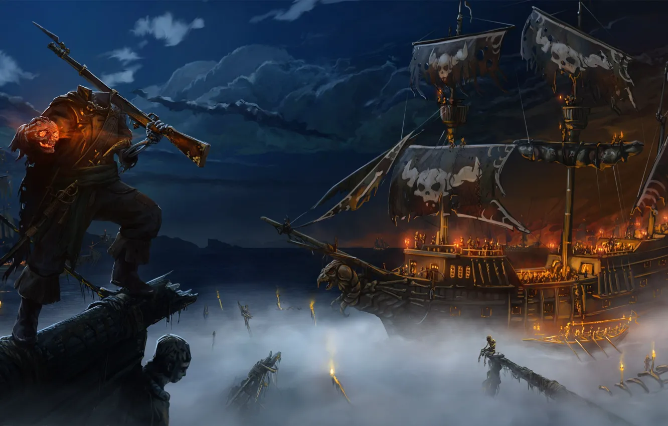 Фото обои море, ночь, туман, огонь, корабль, череп, арт, пират