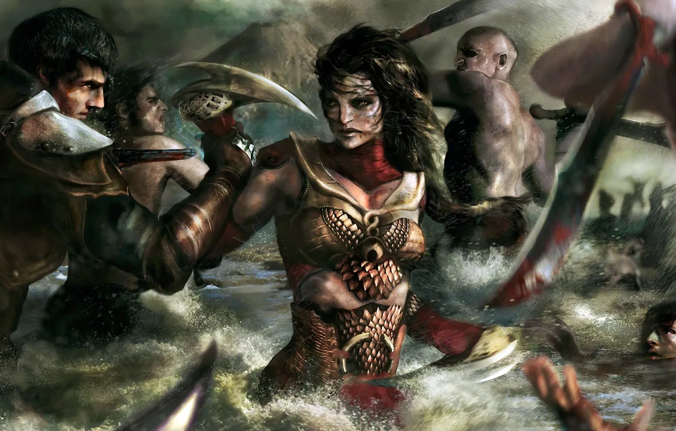 Фото обои вода, девушка, оружие, арт, битва, парень, сражение, клинки