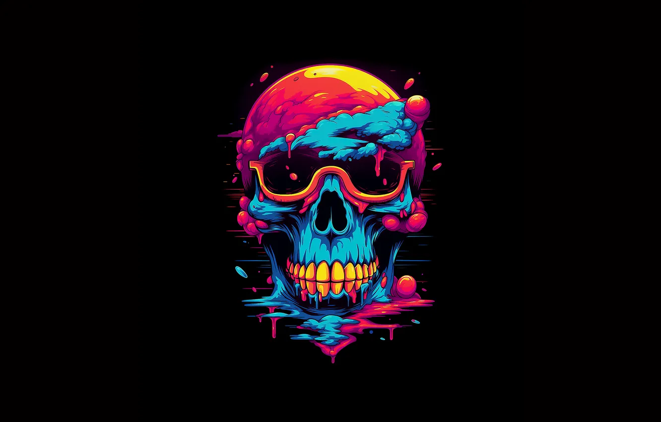 Фото обои Colorful, Skull, Black background, AI art