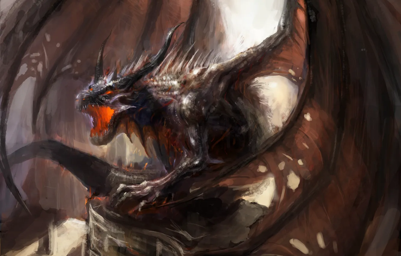 Фото обои фантастика, дракон, крылья, арт, пасть, рога