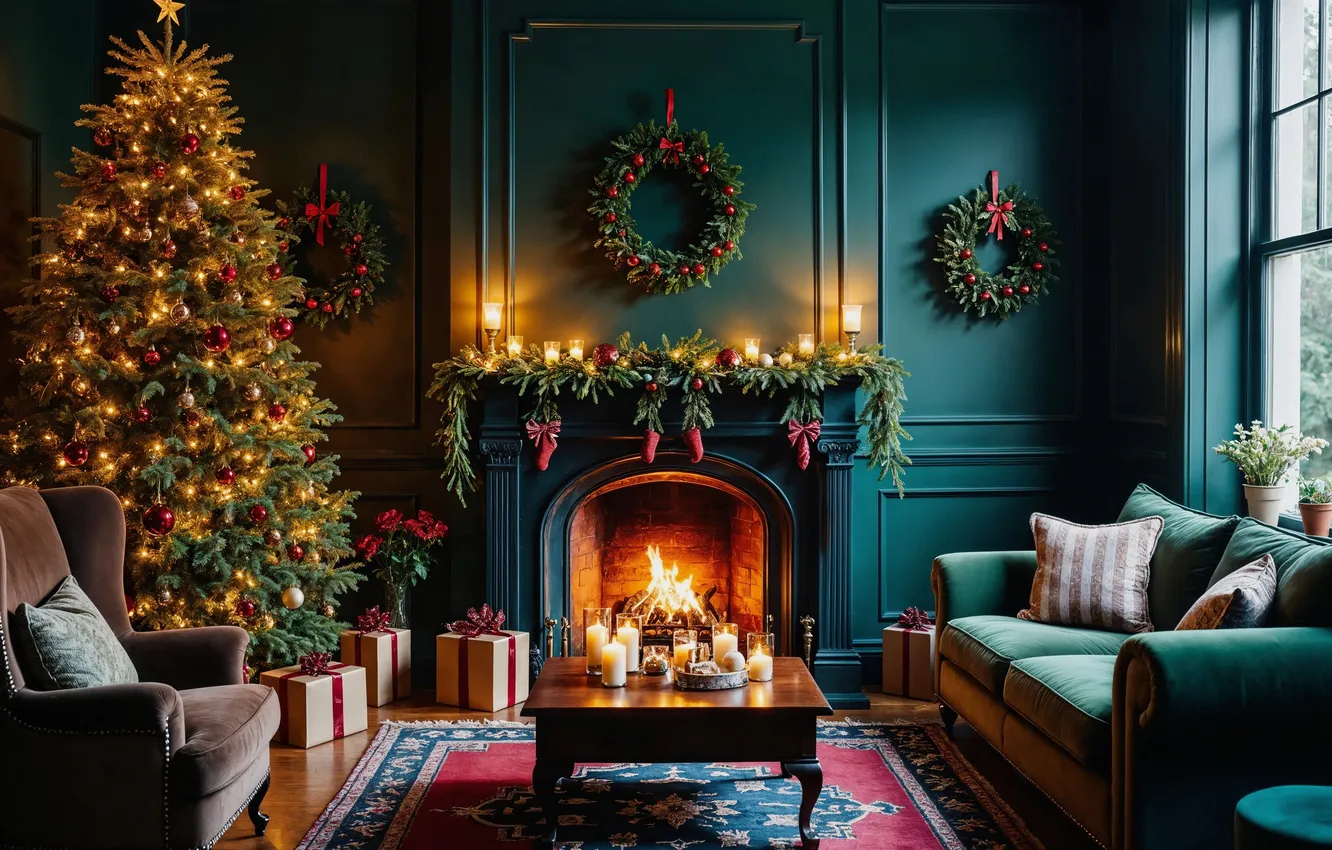 Фото обои комната, елка, интерьер, Рождество, Новый год, камин, Christmas, view