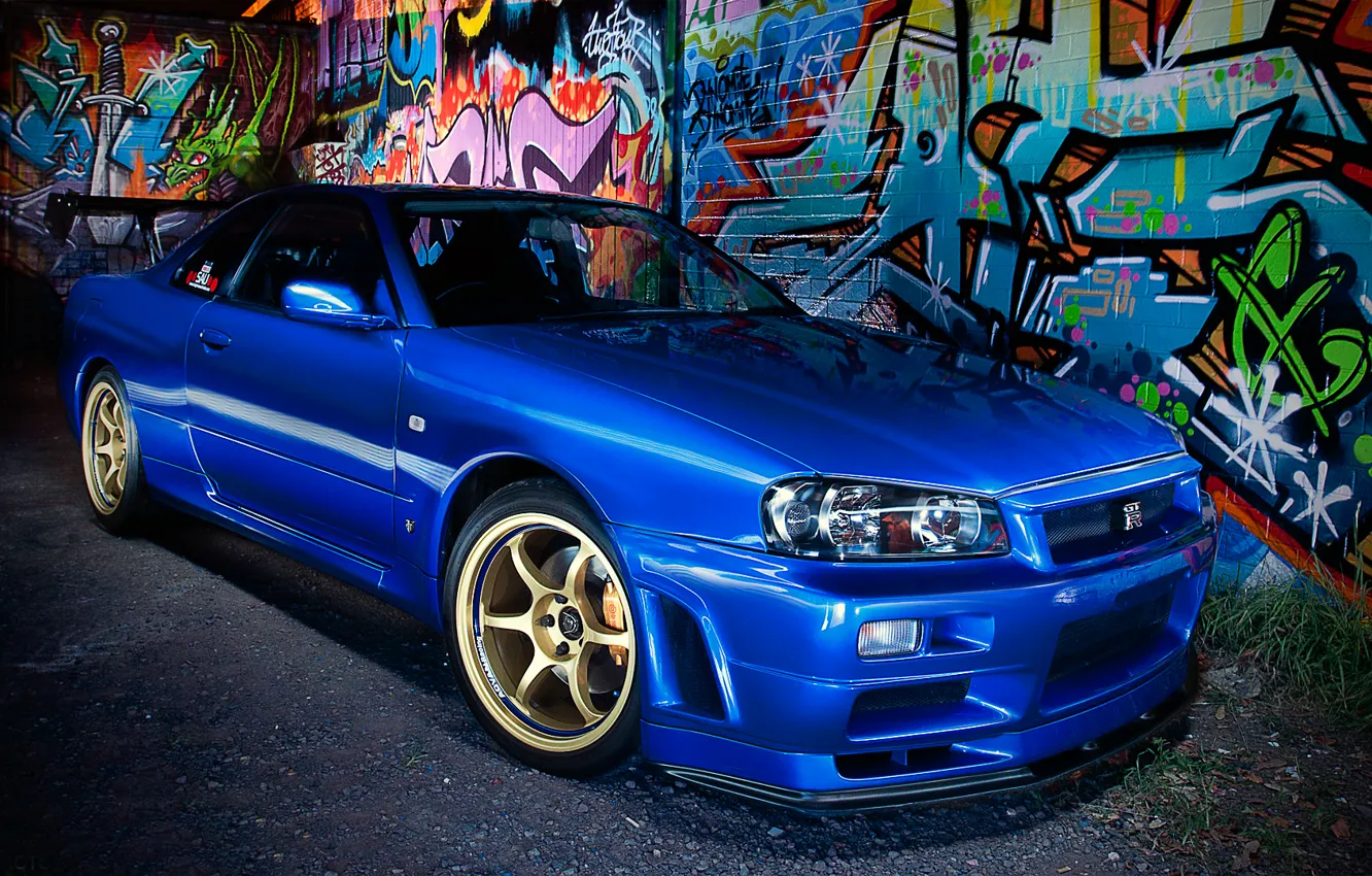 Фото обои синий, граффити, Nissan, ниссан, blue, Skyline, R34, скайлайн