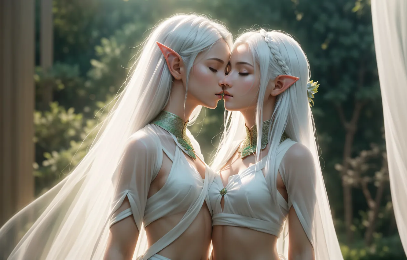 Фото обои girl, fantasy, art, kiss, blond, elf, digital art, wedding