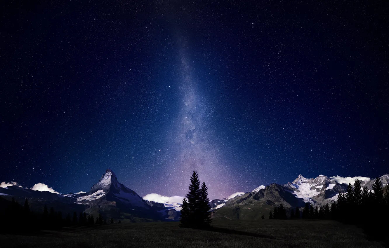 Фото обои небо, свет, снег, деревья, горы, ночь, природа, огни