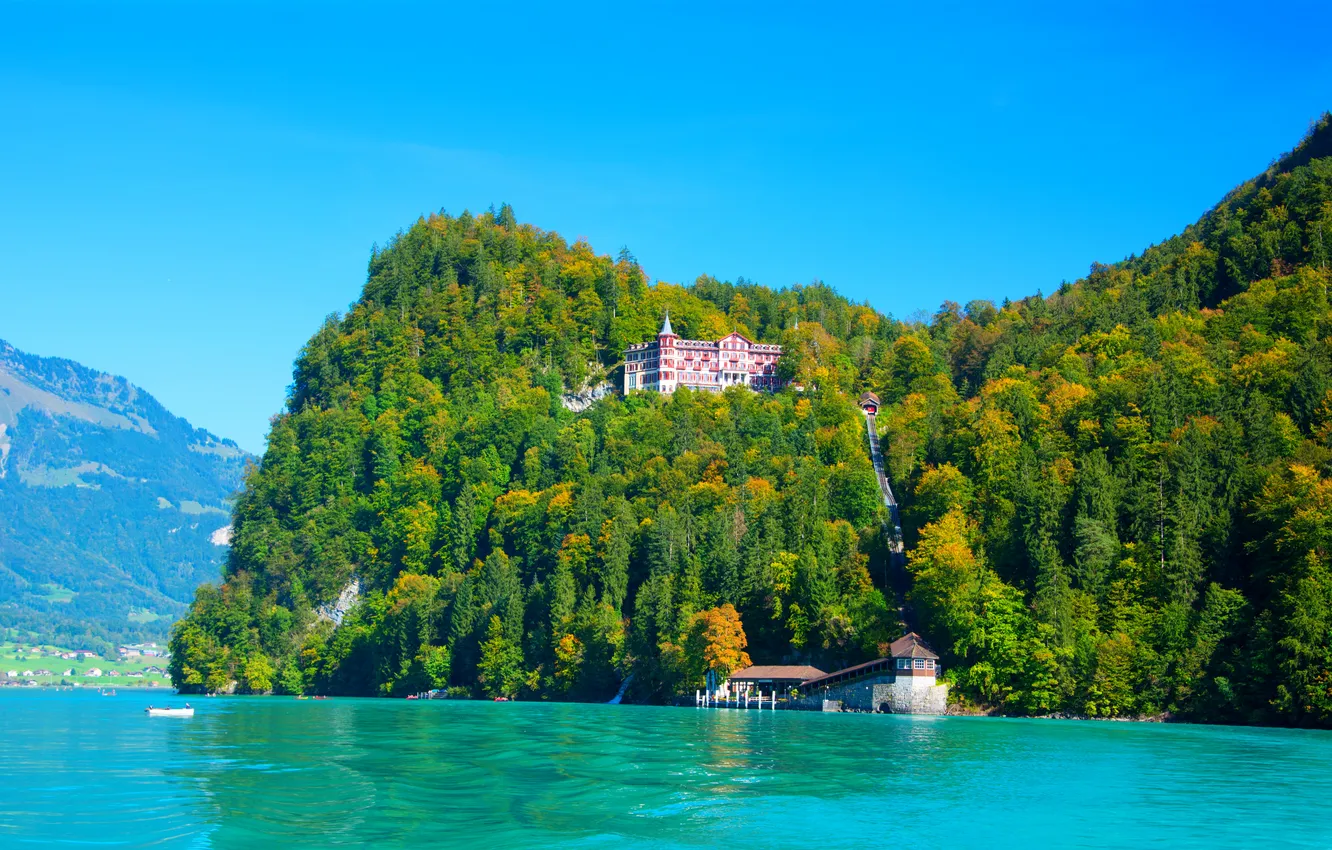 Фото обои деревья, горы, озеро, дома, красота, Швейцария, Brienz