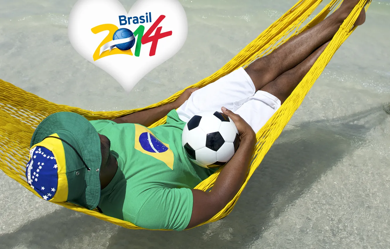 Фото обои logo, man, football, flag, World Cup, Brasil, FIFA, hammock