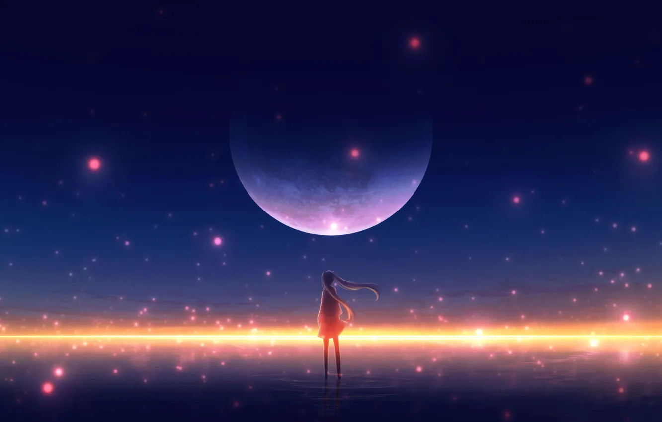 Фото обои вода, девушка, ночь, луна, огоньки