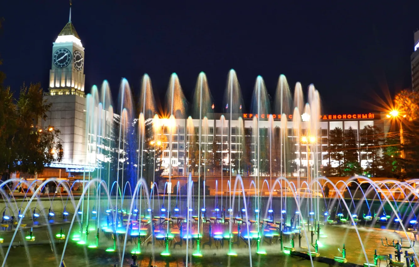 Фото обои вечер, фонтан, Красноярск