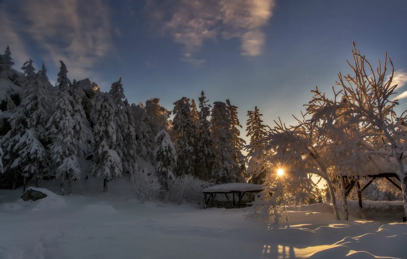 Фото обои зима, солнце, снег, национальный парк, Таганай, Чёрная скала