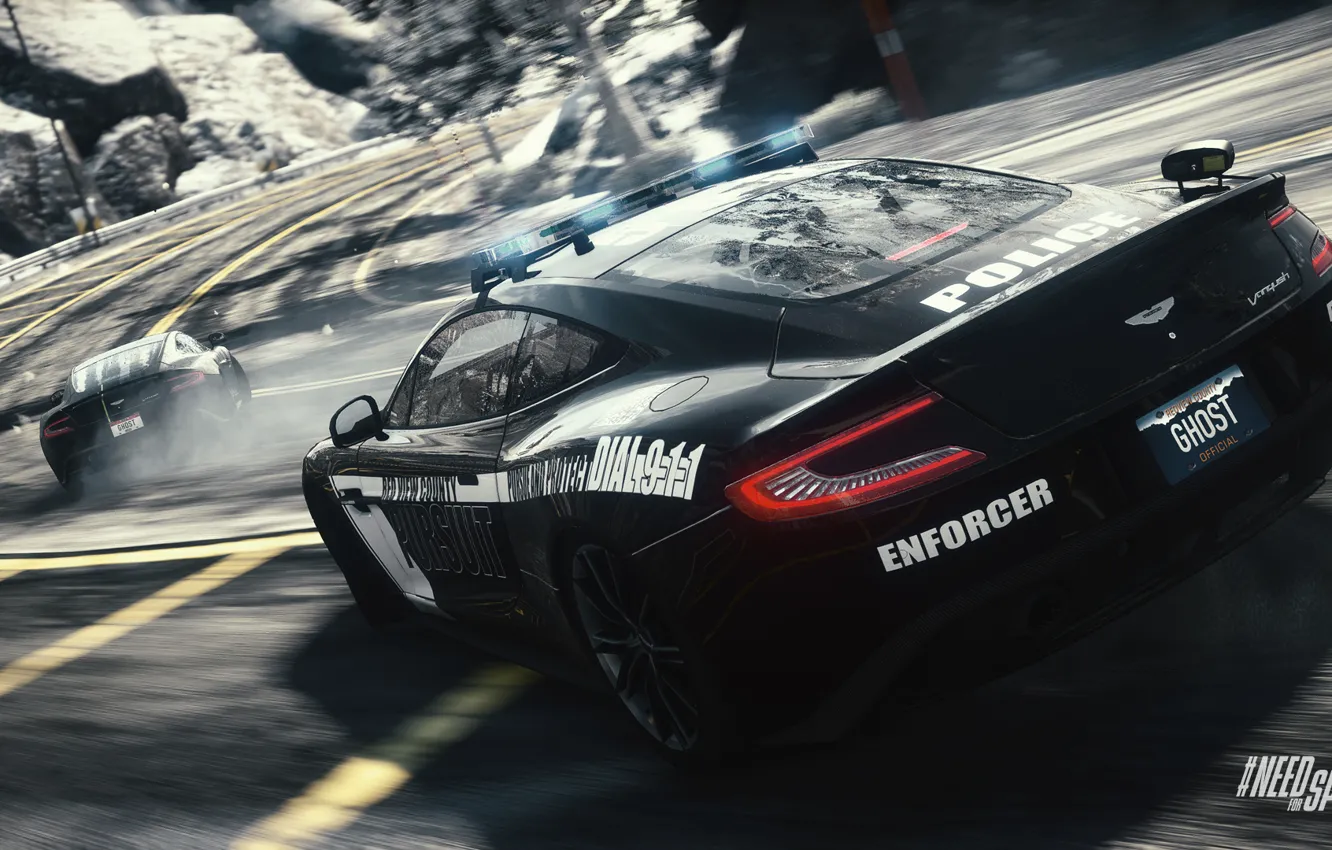 Фото обои Дорога, Поворот, Занос, Need For Speed : Rivals, Cop, Aston Martin One-77