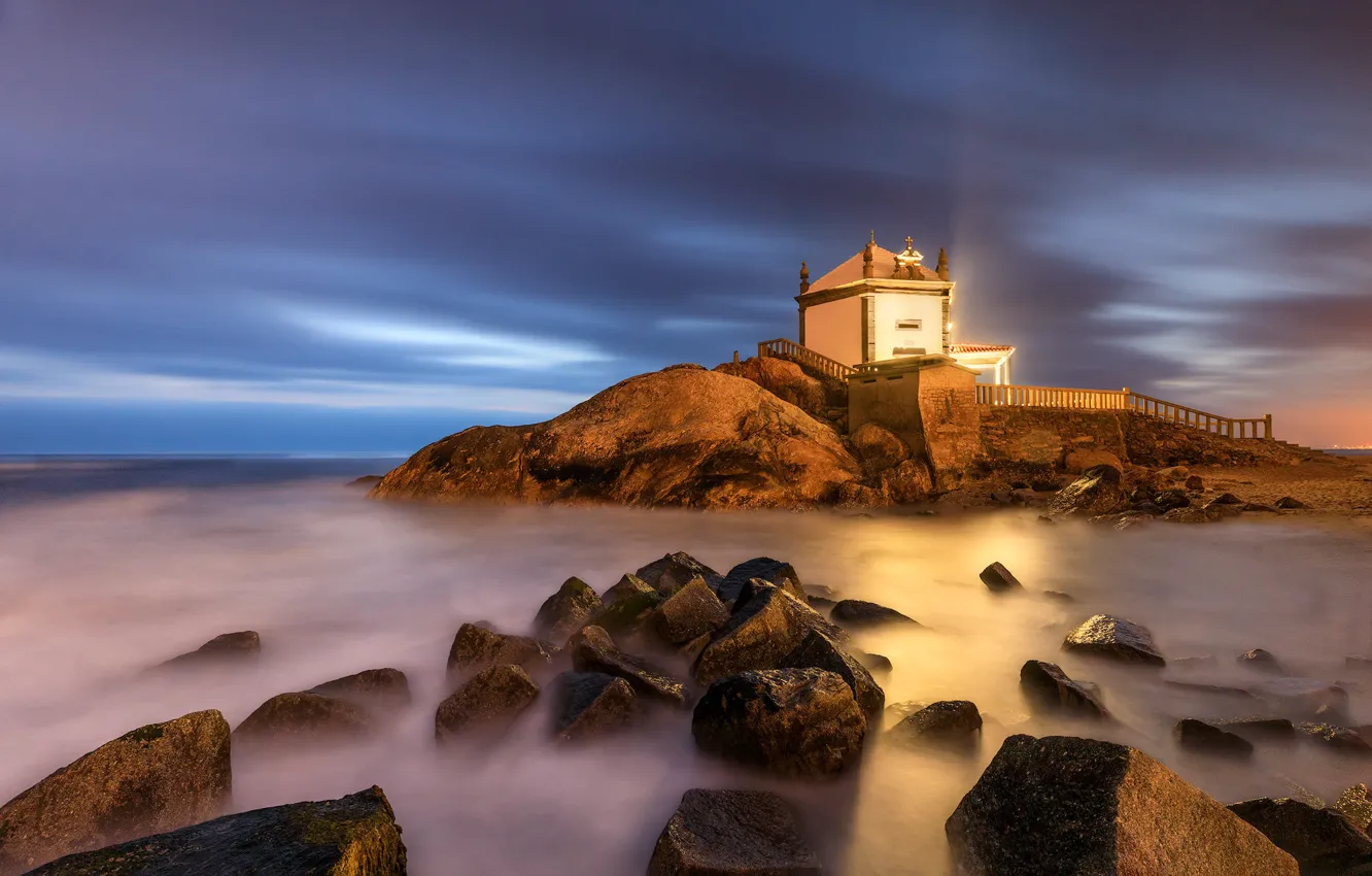 Фото обои море, пейзаж, природа, камни, Португалия, часовня, Senhor da Pedra