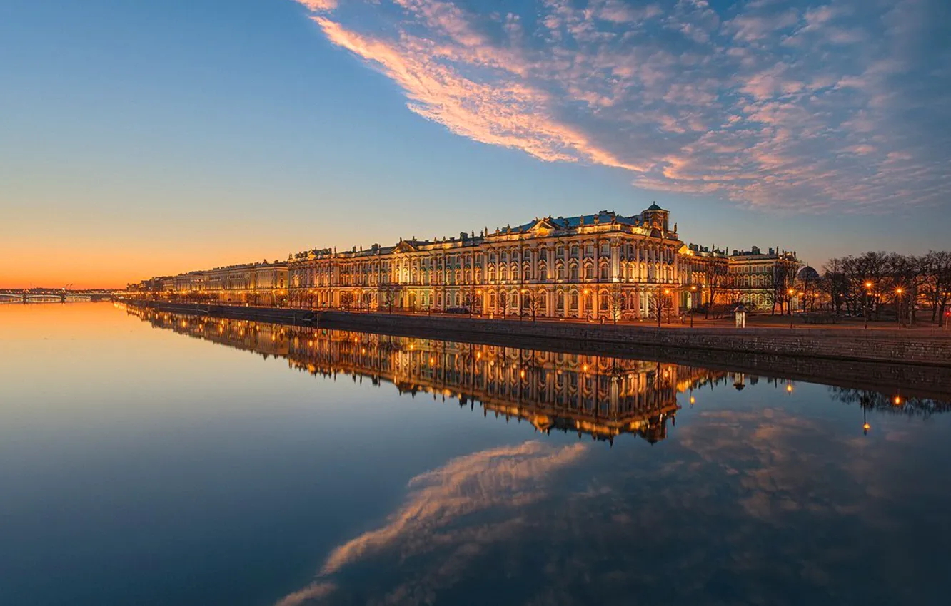 Фото обои небо, облака, закат, мост, река, дома, Санкт-Петербург, набережная
