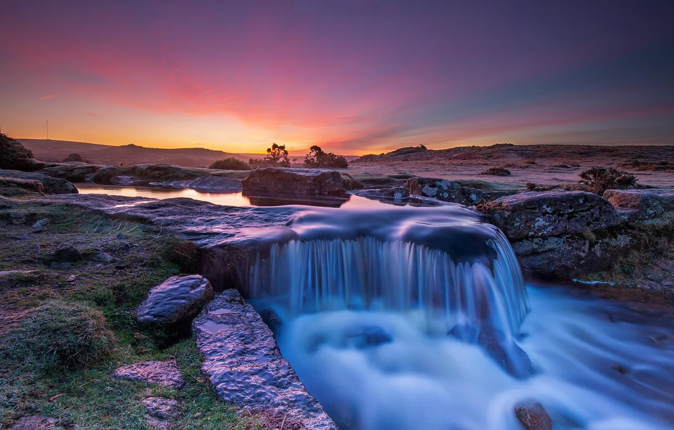 Фото обои закат, камни, водопад