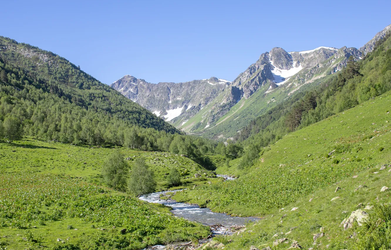 Фото обои горы, долина, горная река, кавказ, архыз, кавказские горы, река дукка, дуккинское