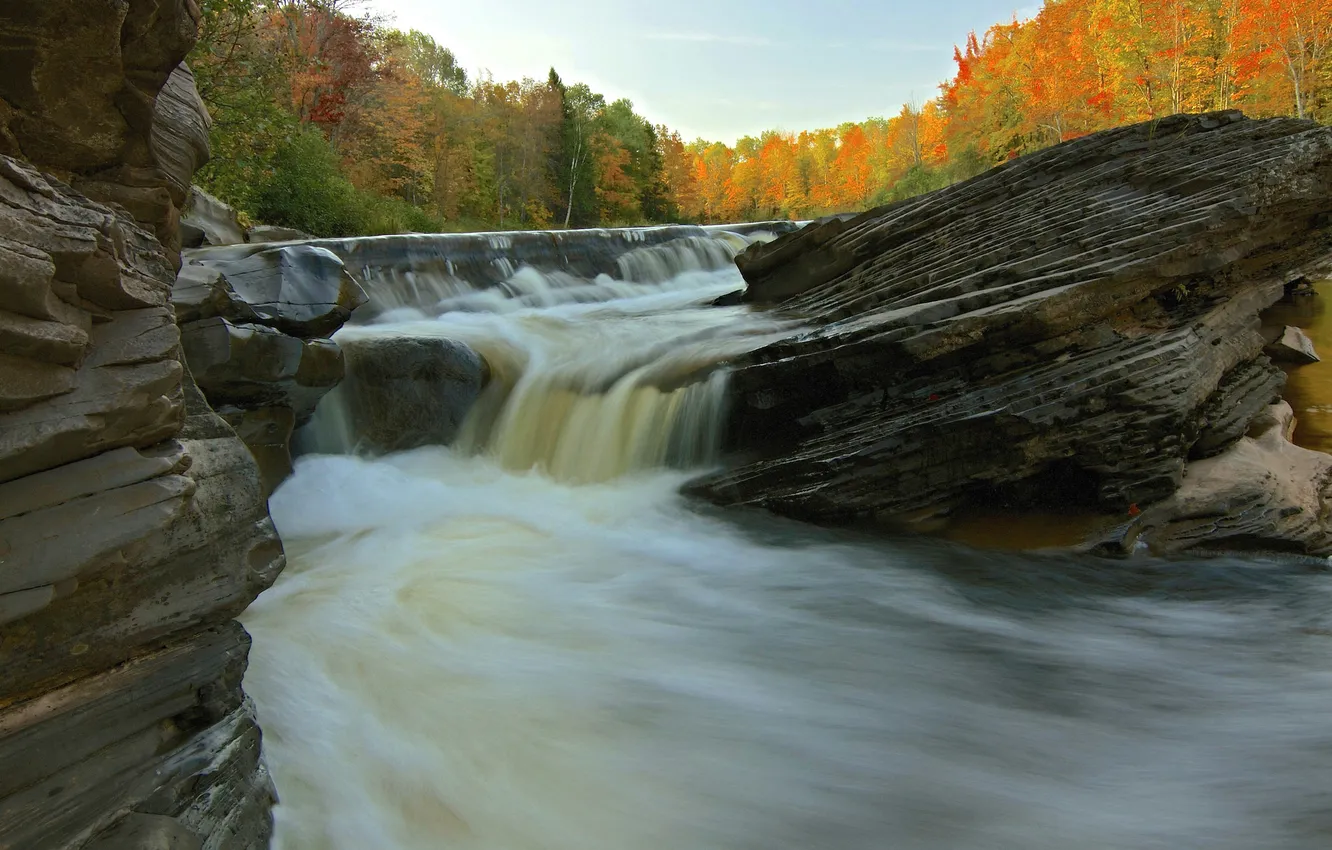 Фото обои осень, лес, небо, деревья, река, скалы, поток, пороги