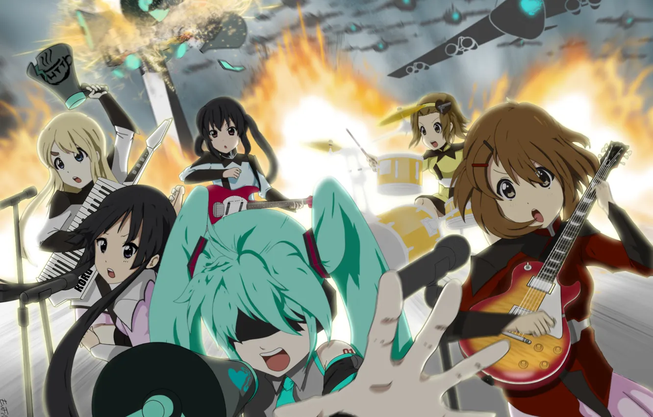 Фото обои девушки, огонь, гитара, взрывы, группа, аниме, Hatsune Miku, K-On