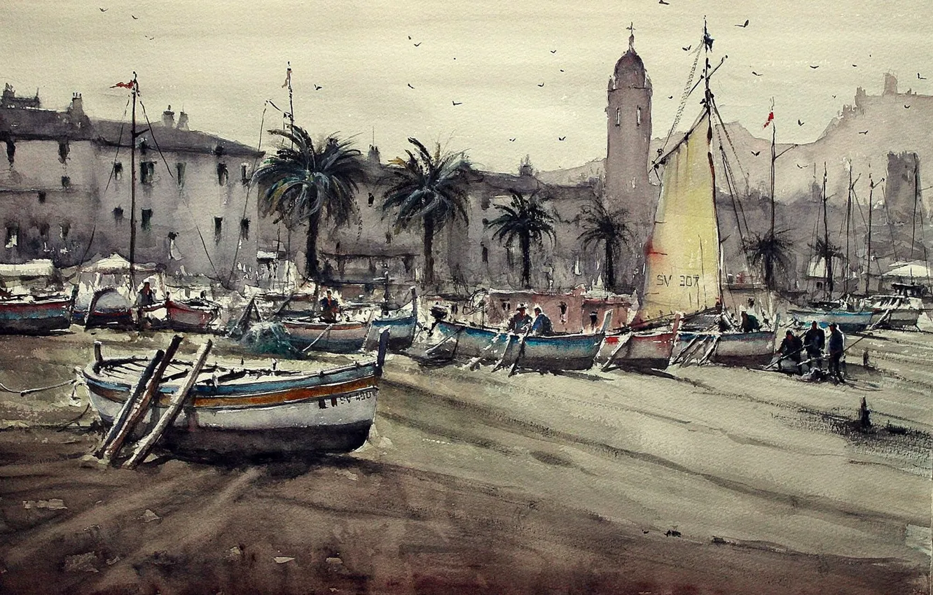 Фото обои берег, башня, картина, лодки, акварель, городской пейзаж, Максимилиан Дамико