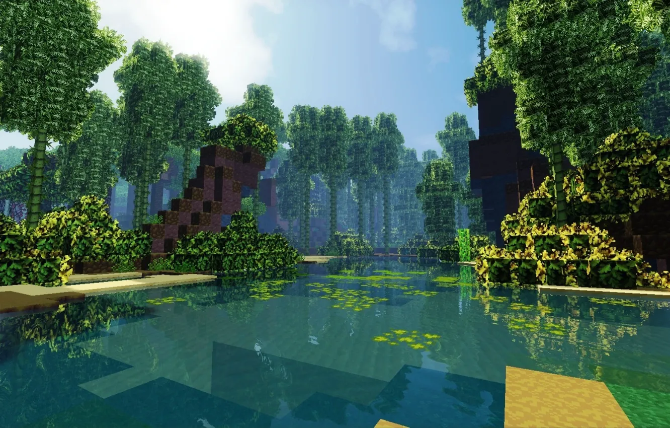 Фото обои лес, небо, облака, берег, бамбук, залив, Minecraft